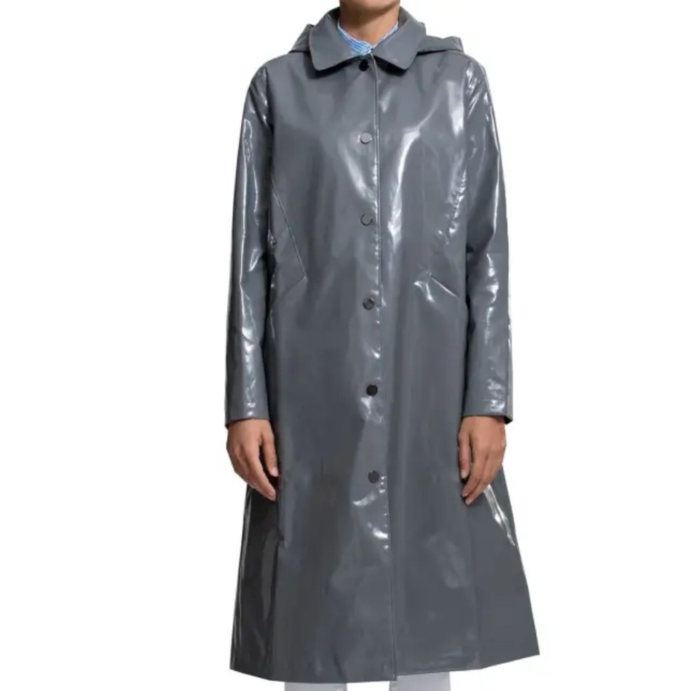 Jane Post Women XS Gray Hooded Snap-Front Long Rain Slicker Coat NWT
